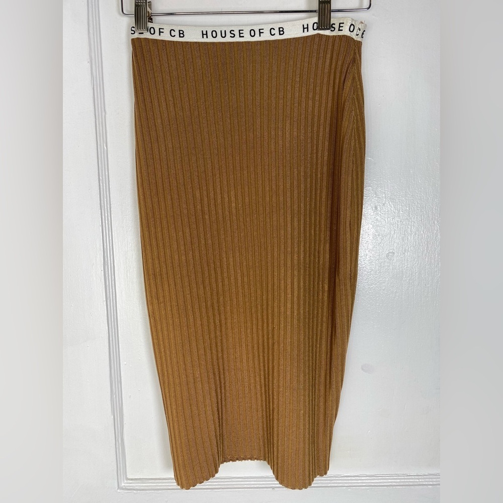 House of CB Mathilde Camel Tan Brown Ribbed Bandage Logo Pencil Skirt